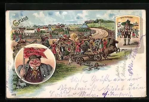 Lithographie Wurzelsepp und andere Besucher auf einem Volksfest