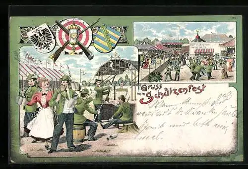 Lithographie Gruss vom Schützenfest, Festplatz mit Hippodrom, Zechende Schützen
