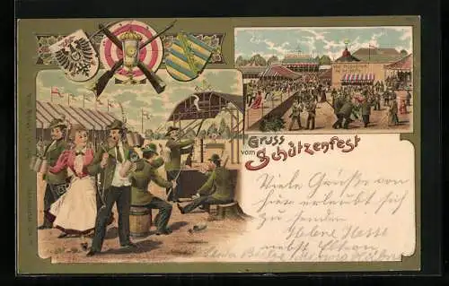 Lithographie Gruss vom Schützenfest, Festplatz mit Hippodrom, Zechende Schützen