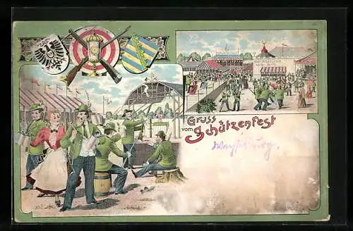 Lithographie Schützenfest, Schützen am Schiessstand, Welt-Hippodrom