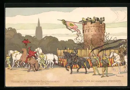 AK Hannover, Festzug des XIV. Dt. Bundesschiessens 1903, Döhrener Turm mit Spartanern, Schützenverein