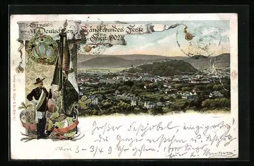 AK Graz, Deutsches Sängerbundes-Fest 1902, Panorama und Fahnenträger