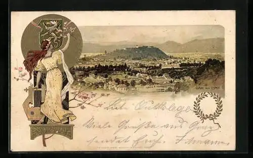 Lithographie Graz, Panorama des Ortes, Frau mit Harfe vor dem Ortswappen