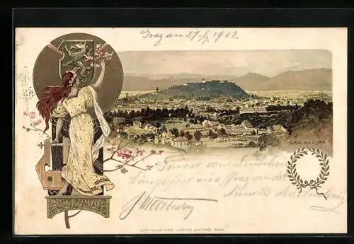 Lithographie Graz, Panorama des Ortes, Frau mit Harfe vor dem Ortswappen