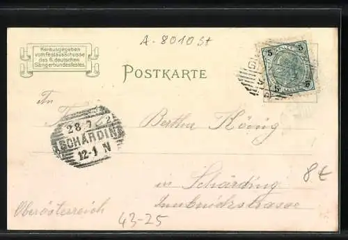 Lithographie Graz, Panorama des Ortes, Frau mit Harfe vor dem Ortswappen