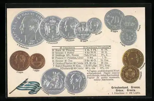 AK Griechenland, versch. Geldstücke, Drachmes, Lepta, Fahne