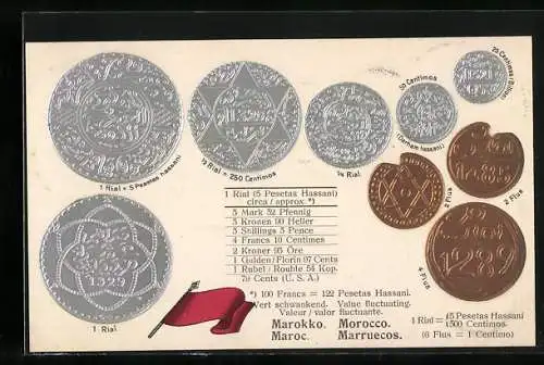 AK Marokko, versch. Geldstücke, Rial, Centimos, Fahne