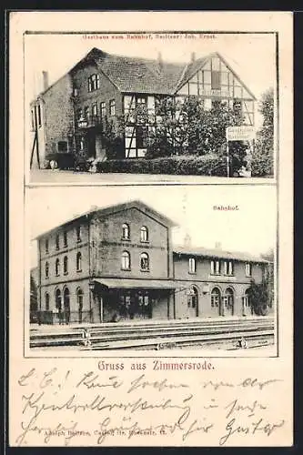 AK Zimmersrode, Gasthaus zum Bahnhof, Bahnhof von der Gleisseite