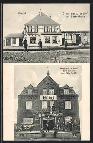 AK Allendorf / Eder, Restaurant und Hotel zum Bahnhof v. Otto Schäfer, der Bahnhof