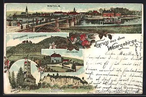 Lithographie Rinteln, Blick über die Weserbrücke auf die Ortschaft, Schaumburg und Paschenburg
