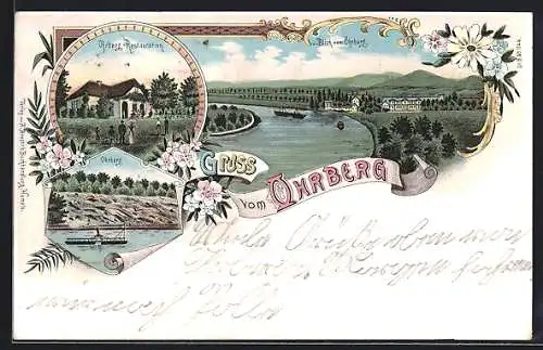 Lithographie Emmerthal / Weser, Gasthof Ohrberg, Uferpartie, Panorama