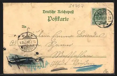 Lithographie Bad Eilsen, Ortsansicht, Wegpartie, Paar in Tracht