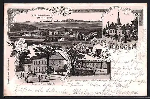 Lithographie Rödgen /Siegen, Restaurant-Pension Rödger Hof, Kirche, Gesamtansicht