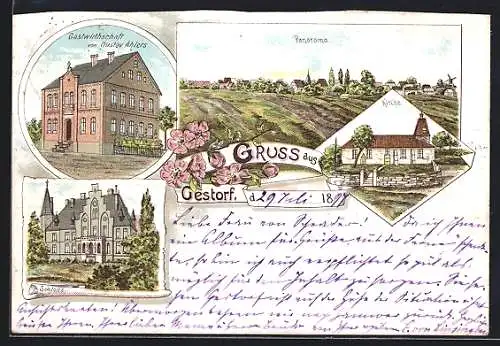 Lithographie Gestorf, Gasthaus von Gustav Ahlers, Schloss, Kirche, Panoramablick