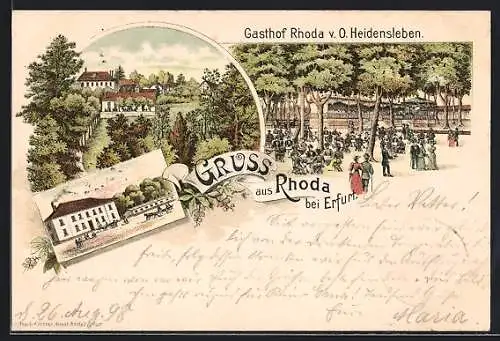 Lithographie Rhoda /Erfurt, Gasthof Rhoda O. Heidensleben mit Strasse und Garten