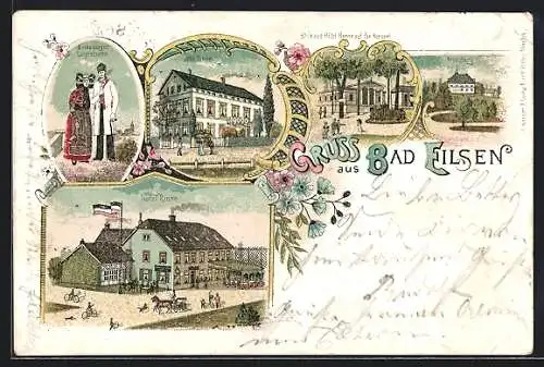 Lithographie Bad Eilsen, Hotel und Villa Rinne, Arensburg, Bückeburger Tracht