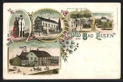 Lithographie Bad Eilsen, Hotel Rinne, Villa Rinne, Bückeburger Landestracht