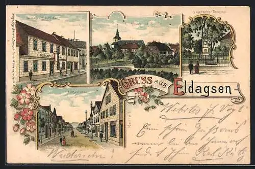 Lithographie Eldagsen / Springe, Gasthaus, Langensalza-Denkmal, Langestrasse, Teilansicht