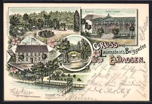 Lithographie Eldagsen / Springe, Gasthaus Lauensteins Berggarten mit Garten-Veranda, Paterhof-Grotte