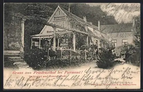 AK Bad Pyrmont, Gasthaus Friedensthal, Gartenansicht