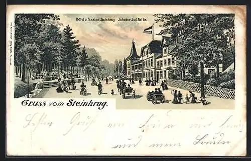 Lithographie Bennigsen, Hotel-Pension Steinkrug J. Falke mit Strasse und Anlagen