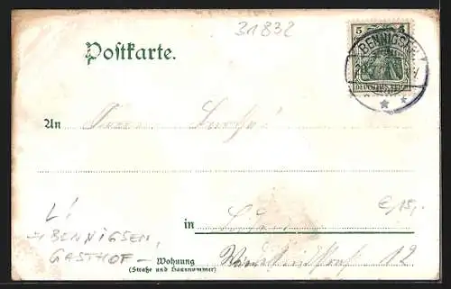 Lithographie Bennigsen, Hotel-Pension Steinkrug J. Falke mit Strasse und Anlagen