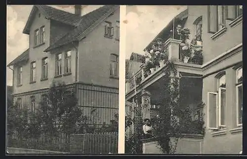 AK Bad Pyrmont, Kurpension Haus H. Heuer, Schmiedeweg 3, Strassenansicht, Balkone mit Gästen, Soldat