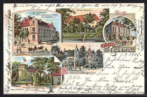 Lithographie Lauenau, Gasthaus zum deutschen Haus G. Gundelach, Kgl. Domäne, Post