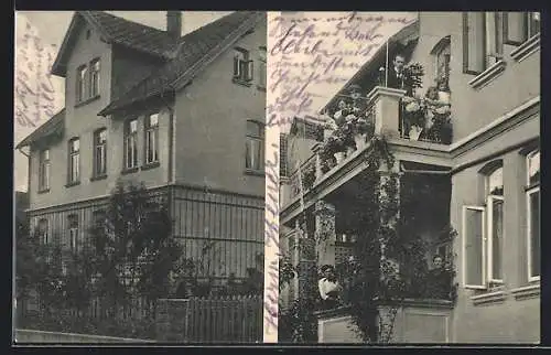 AK Bad Pyrmont, Kurpension Haus H. Heuer, Schmiedeweg 3, Vorder- u. Rückansicht, Balkone mit Gästen, Soldat