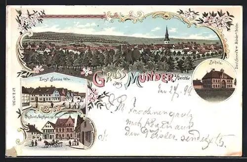 Lithographie Münder /Deister, Gasthaus zur Post und Postamt, Strassenpartie mit Haus Ernst Somme Wtw., Ortsansicht