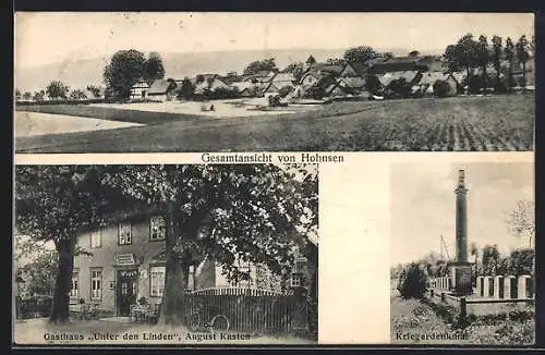 AK Hohnsen /Hameln Land, Gasthaus Unter den Linden A. Kasten, Kriegerdenkmal, Gesamtansicht