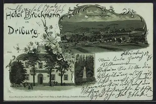 Mondschein-Lithographie Driburg, Hotel Brockmann, Gesamtansicht vom Kreuzberg aus