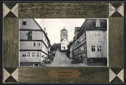 Passepartout-AK Grebenstein, Strassenpartie mit Burgturm