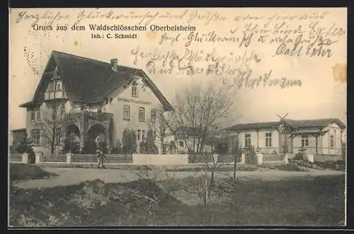 AK Oberbeisheim, Gasthaus Waldschlösschen C. Schmidt, Panorama mit Strasse