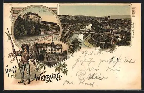 Lithographie Weilburg, Viehhof, Schloss, Ortsansicht mit Brücke aus der Vogelschau