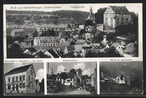 AK Katzenelnbogen /Unterlahnkreis, Gasthaus-Metzgerei K. Meier, Mühle im Jammertal, Strassenpartie, Totalansicht