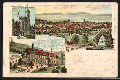 Lithographie Göttingen, Gasthaus Kaiser Wilhelms Park, Bismarck-Thurm, Merkel-Denkmal, Ortsansicht