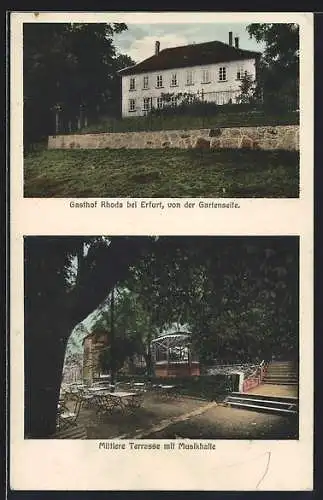 AK Erfurt, Der Gasthof Rhoda v. Wilh. Wachtel, Ansicht von der Gartenseite, Terrasse mit Musikhalle