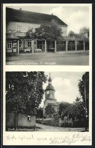 AK Gross Schwabhausen b. Jena, Gast- und Logierhaus Ed. Hänsgen, die Kirche