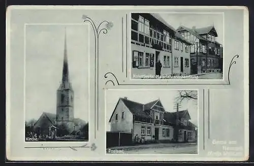 AK Neumark /Weimar, Kakerbecks Materialwarenhandlung, Kirche, Postamt