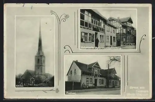 AK Neumark /Weimar, Kakerbeck`s Materialwarenhandlung, die Kirche, das Postamt