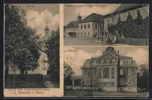 AK Guthmannshausen b. Buttstädt, Geschäftshaus Friedrich Kurzhals, Kirche, Schloss