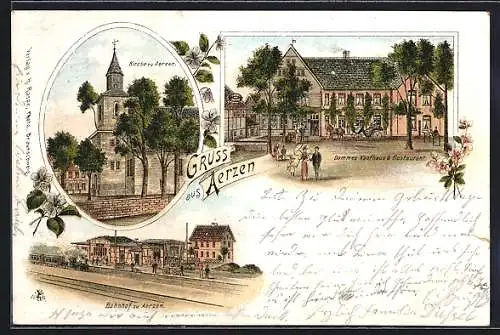 Lithographie Aerzen, Bahnhof, Dommes Kaufhaus & Restaurant, Kirche