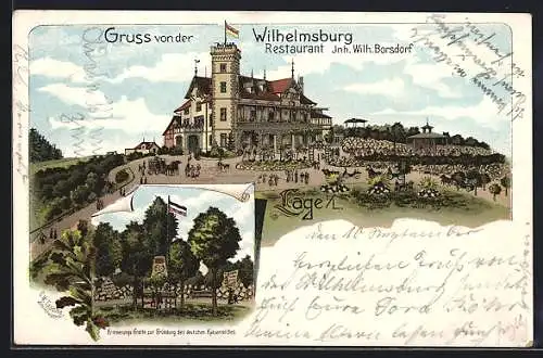 Lithographie Lage i. L., Restaurant Wilhelmsburg, Inh. Wilh. Borsdorf, Erinnerungs-Grotte