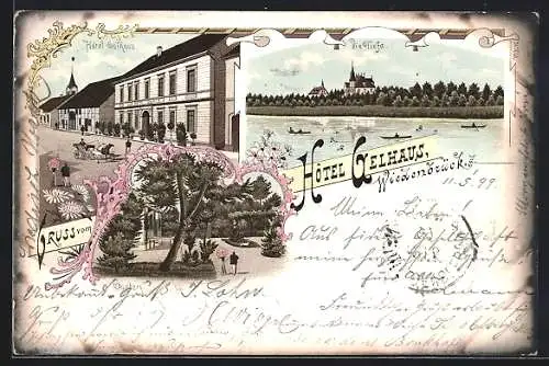 Lithographie Wiedenbrück, Hotel Gelhaus, Garten, Tiefe, Ruderboote