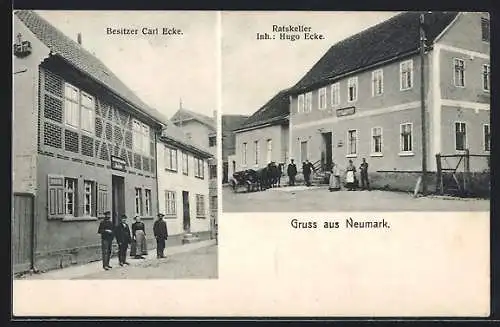 AK Neumark / Thüringen, Gasthaus Ratskeller von Hugo Ecke, Gasthaus von Carl Ecke, Bahnpost