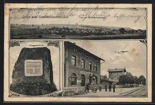 AK Grossschwabhausen, Bahnhof, Kriegerdenkmal, Ortsansicht