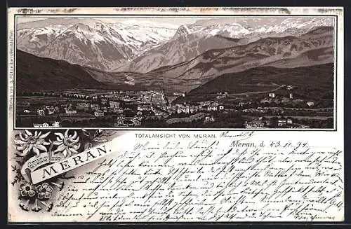 Vorläufer-Lithographie Meran, 1894, Ortsansicht gegen das Gebirge