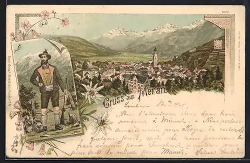 Vorläufer-Lithographie Meran, 1894, Ortsansicht gegen das Gebirge, Südtiroler in Tracht