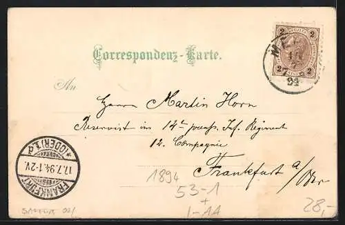 Vorläufer-Lithographie Meran, 1894, Ortsansicht gegen das Gebirge, Südtiroler in Tracht